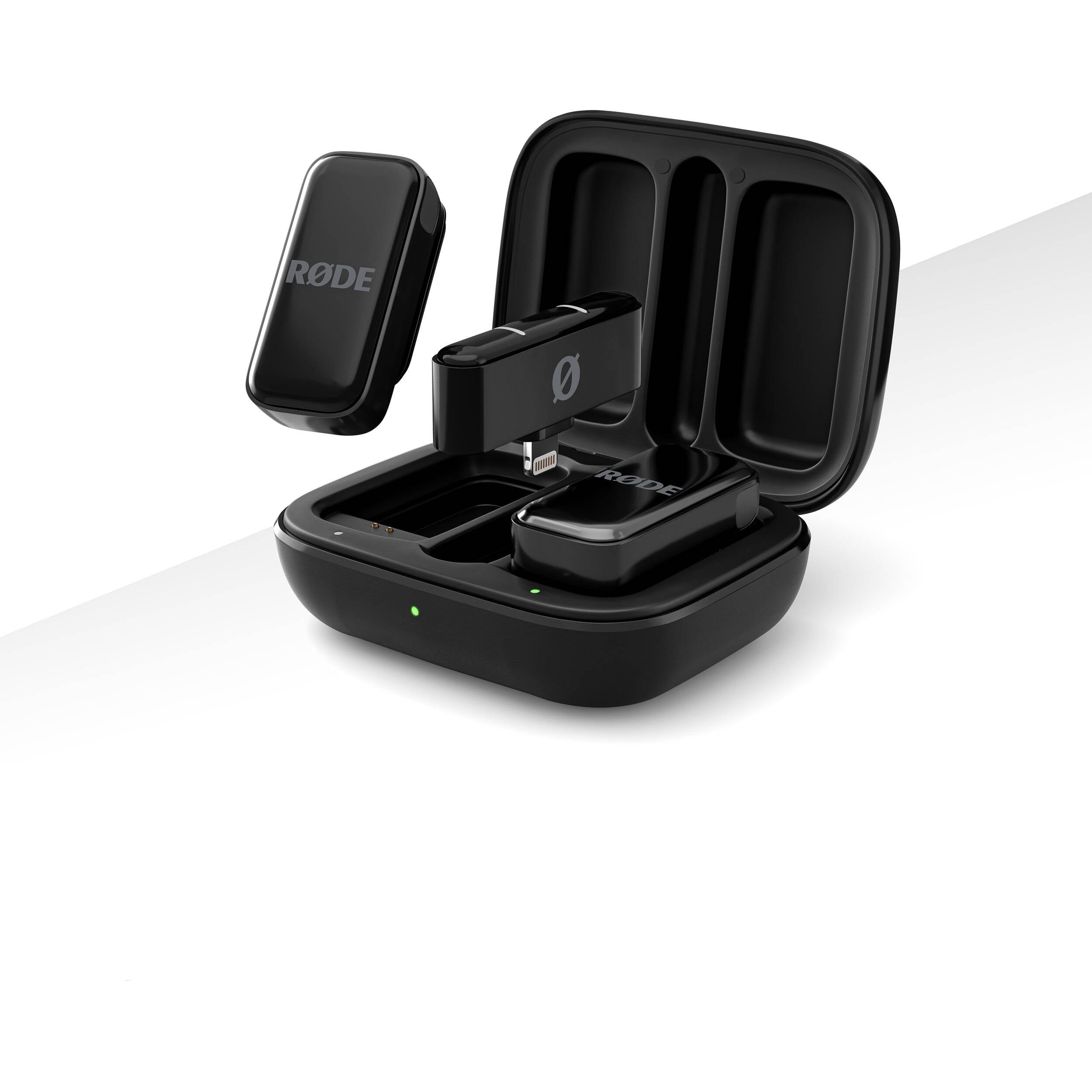 Rode Wireless Micro Lightning system with compact microphone receiver and transmitter for high-quality wireless audio recording.