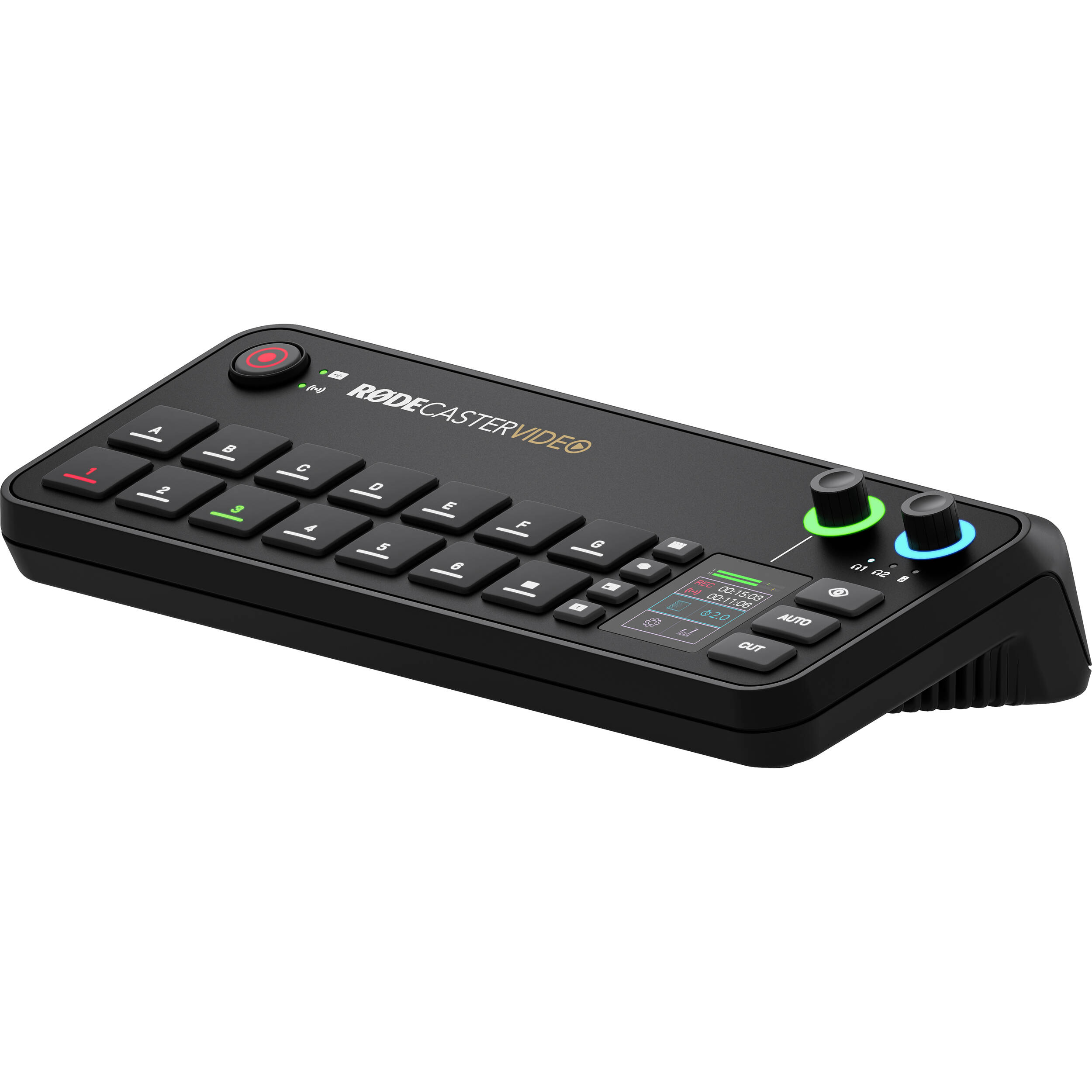 Rode RodeCaster Video video edit controller with multiple buttons and dials on a sleek black interface for audio and video editing.