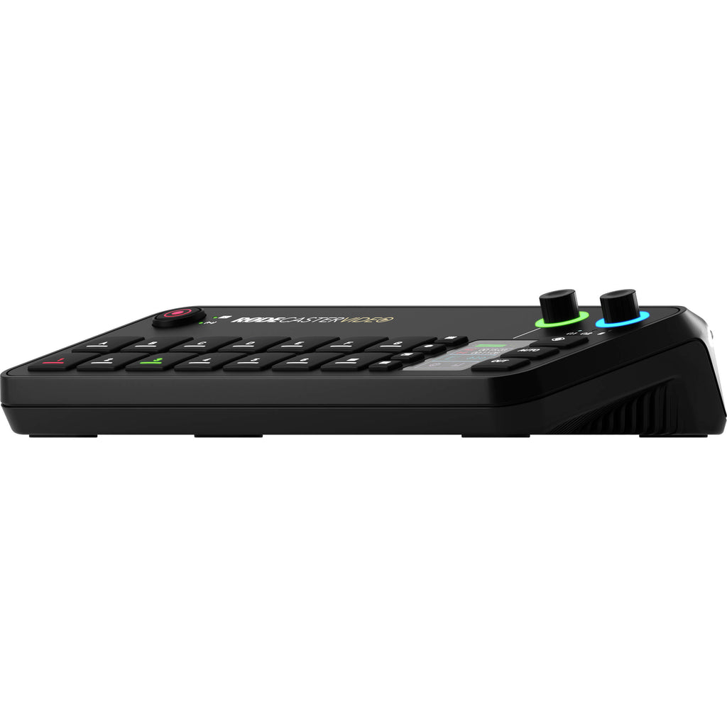 Rode RodeCaster Video editing controller with multiple knobs, buttons, and a built-in screen for professional video editing setup.