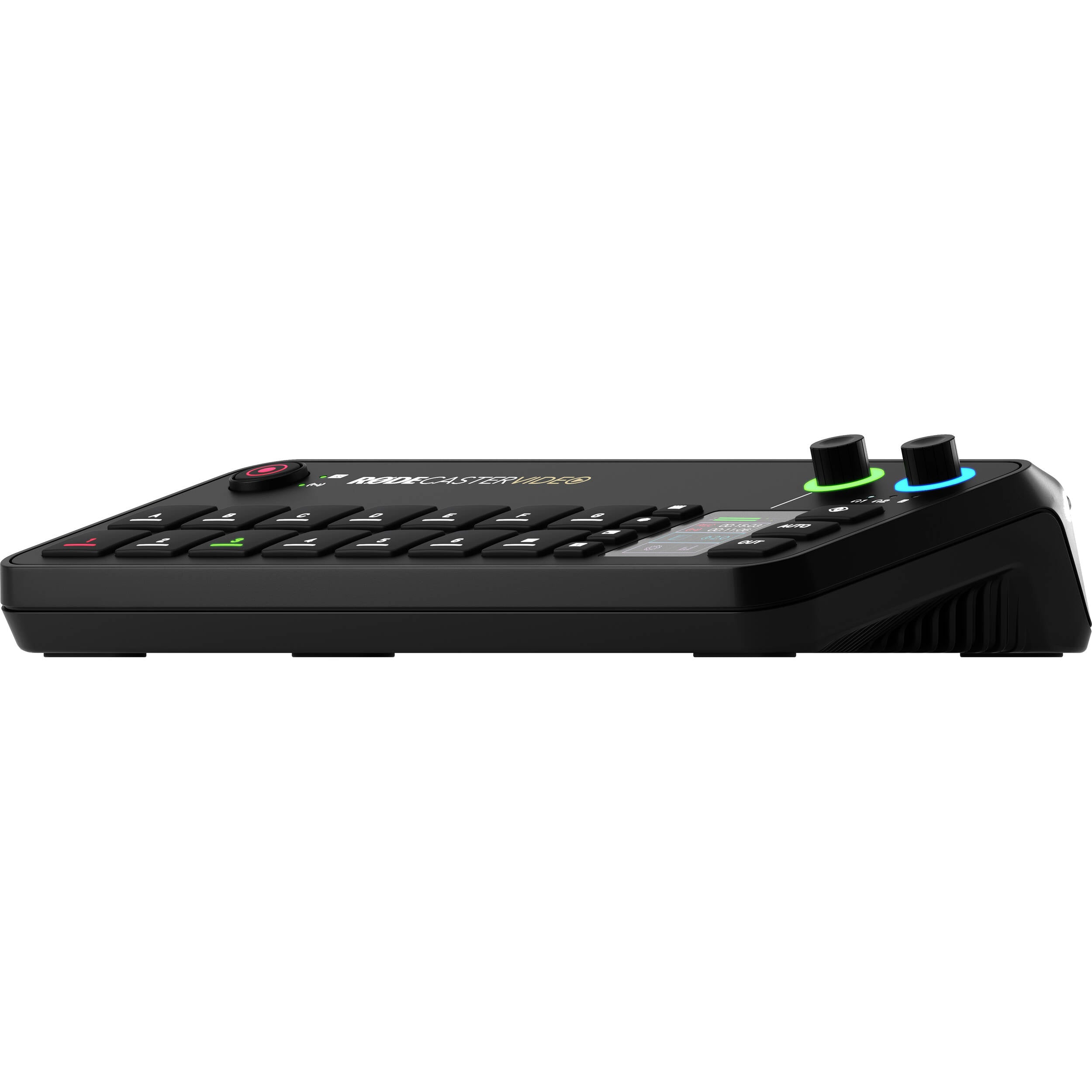 Rode RodeCaster Video editing controller with multiple knobs, buttons, and a built-in screen for professional video editing setup.