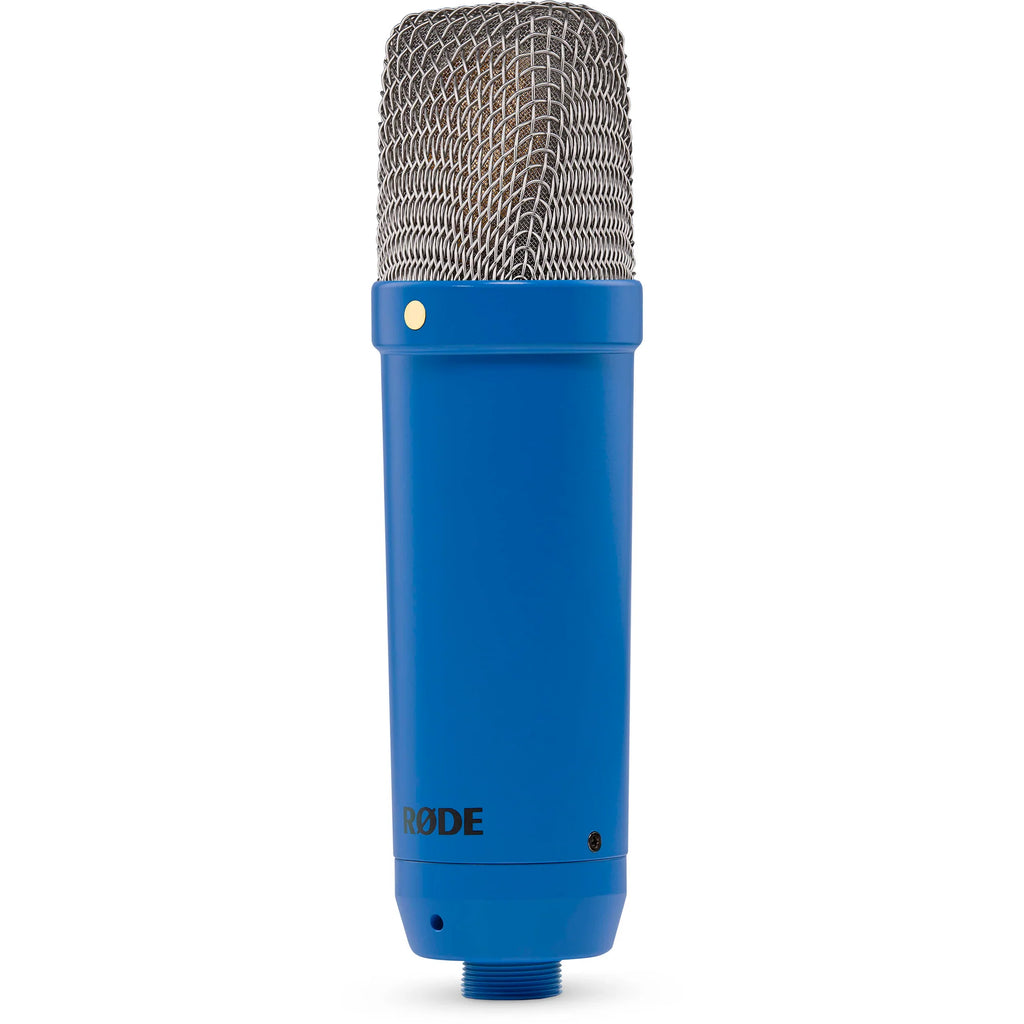 Rode NT1 Signature Series condenser microphone with black body and silver grille, designed for studio recording.