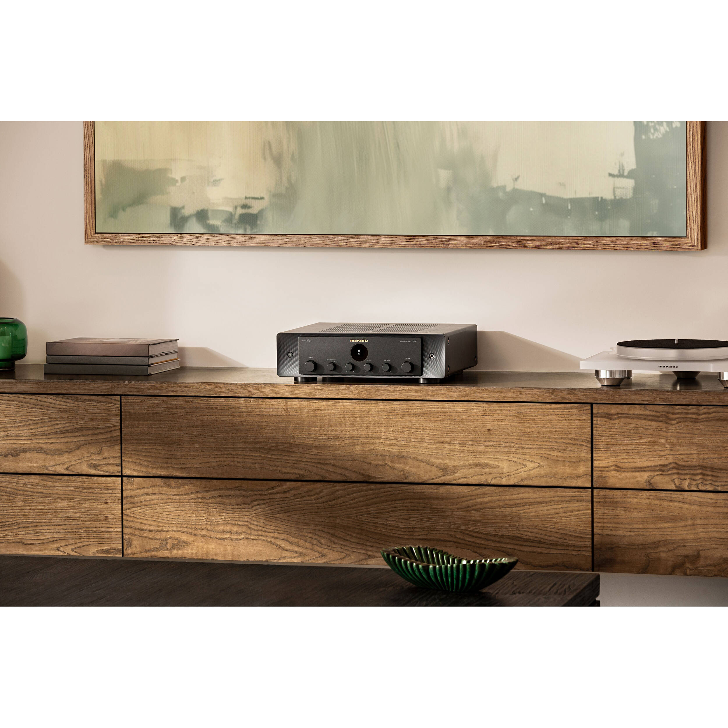 Marantz MODEL 60n stereo amplifier with sleek black design and control knobs, front view showing input options and power button.