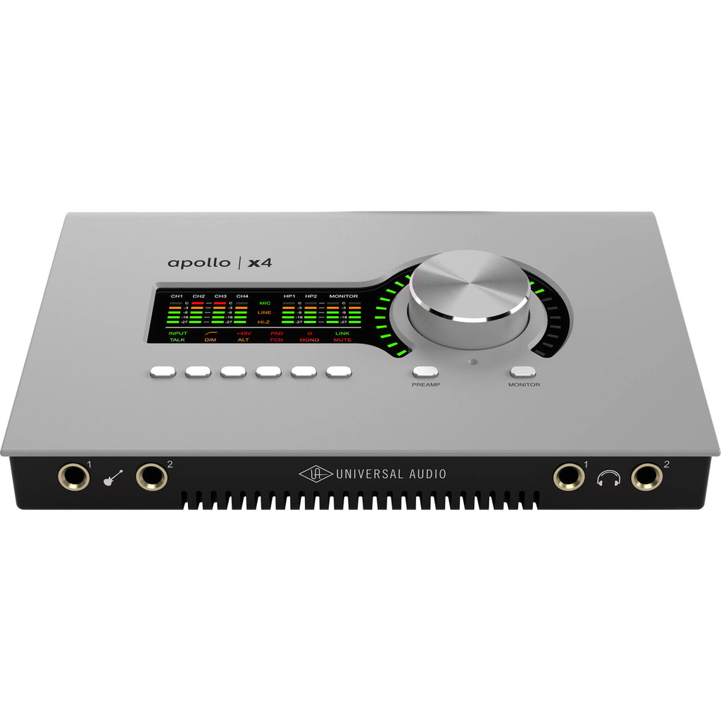Universal Audio Apollo x4 Gen 2 Essentials+ Edition audio interface with multiple input/output ports and sleek design.
