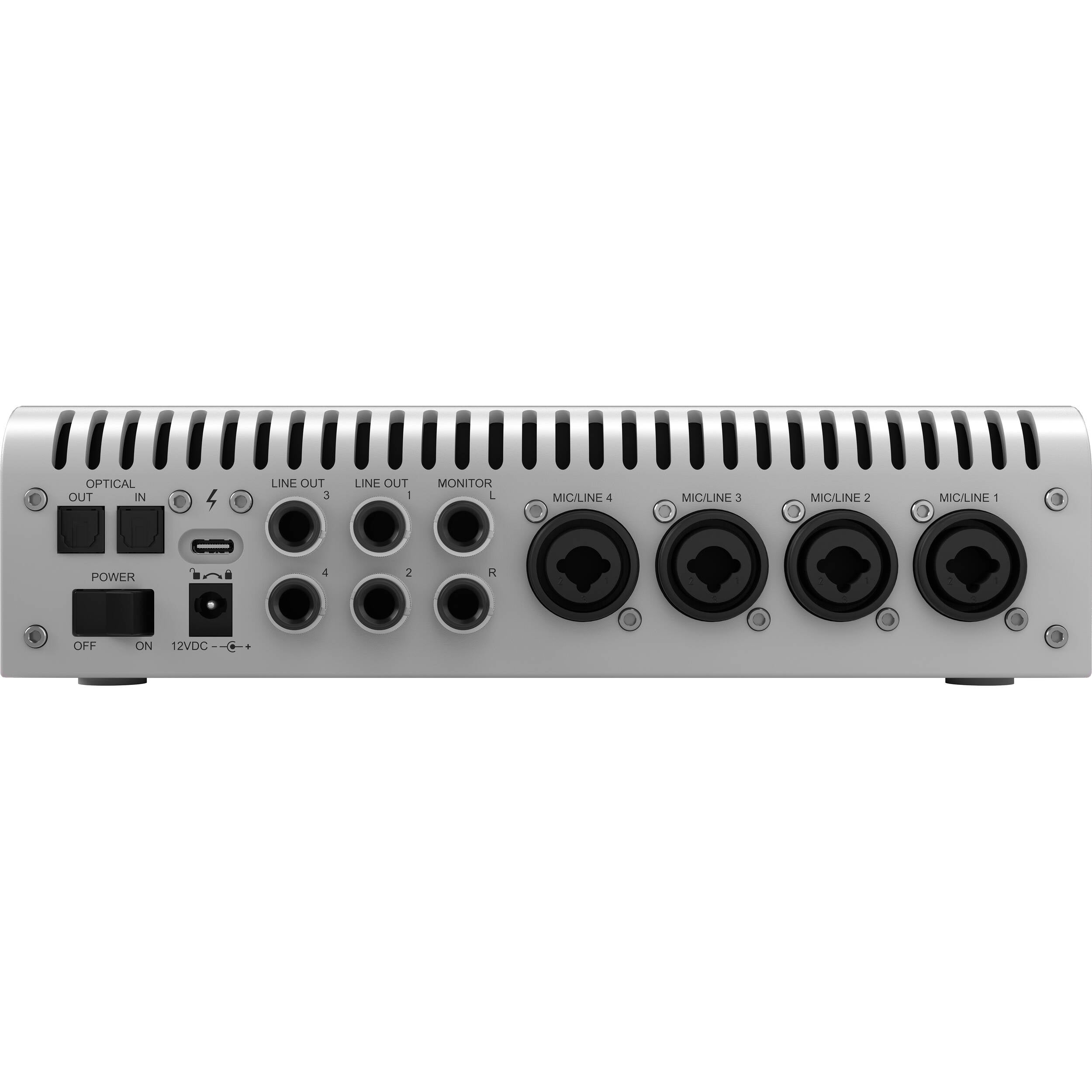 Universal Audio Apollo x4 Gen 2 Essentials+ edition audio interface with multiple input and output ports on a sleek black surface.
