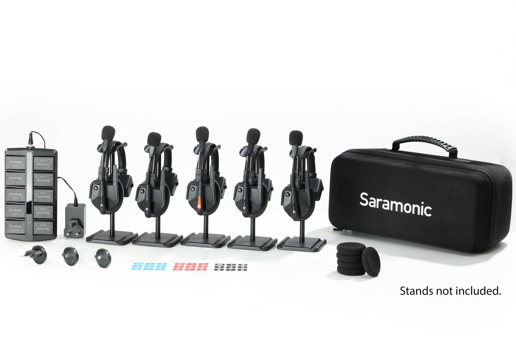 Saramonic WiTalk9 WT5S 5-person wireless microphone system for video recording, featuring compact transmitters and receivers.