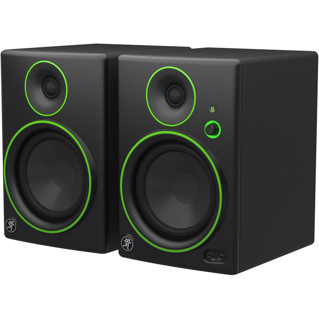 Mackie CR5BT desktop speakers with black finish, compact design, and controls on the front panel for high-quality audio.