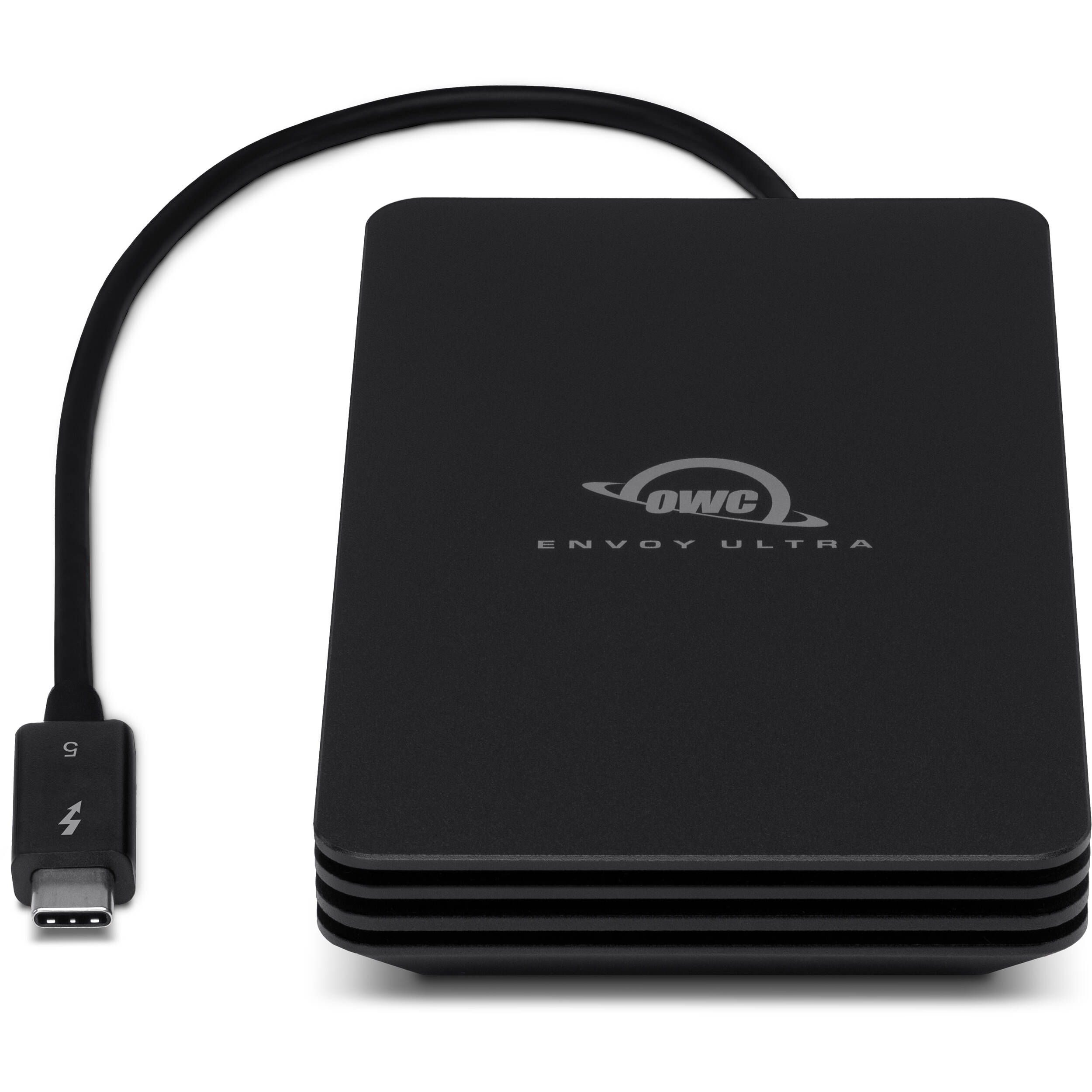 OWC Envoy Ultra SSD external drive with sleek black enclosure and USB-C connection, designed for fast data transfer and portable storage.