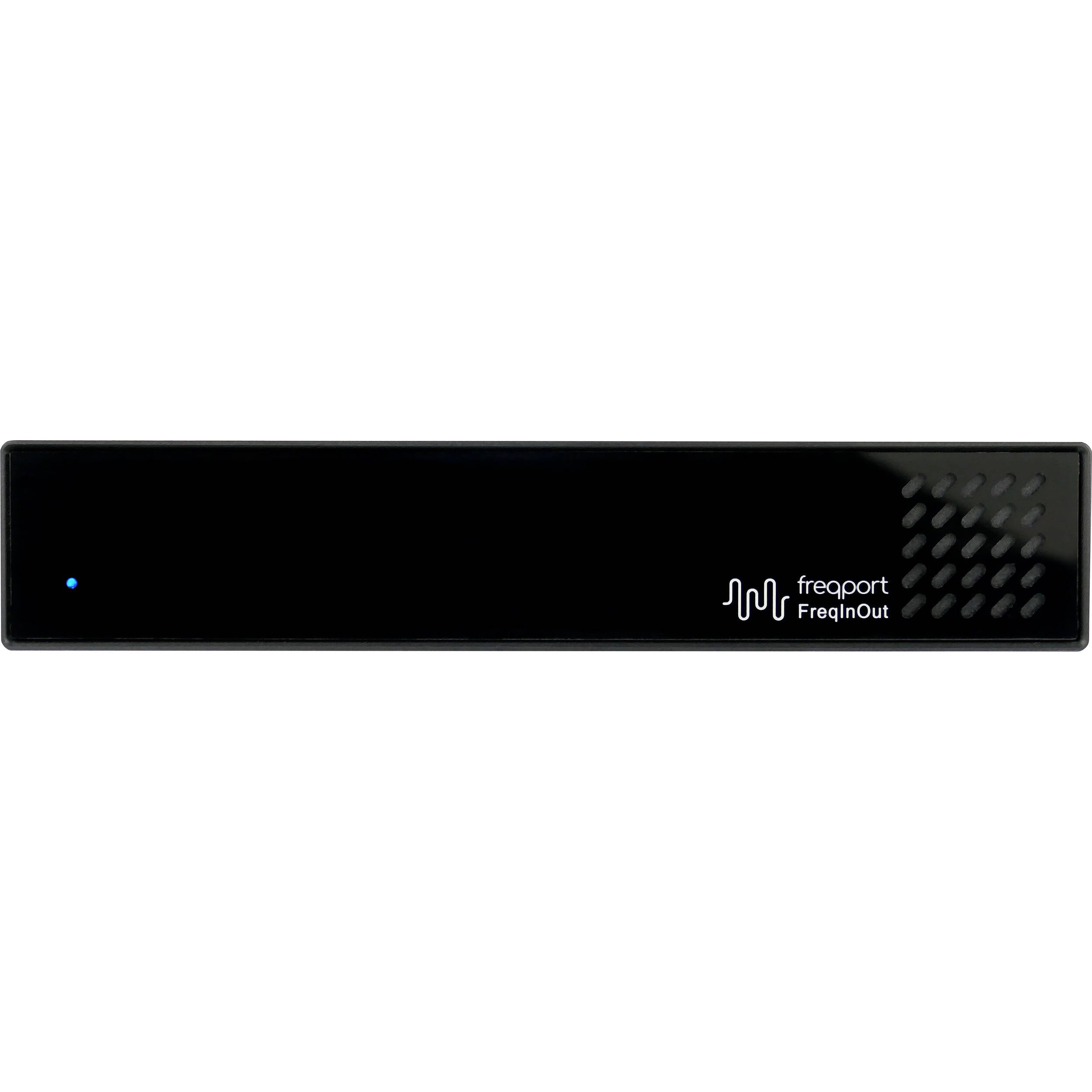 Freqport FreqInOut FO1 audio interface with multiple input and output ports, compact design, and professional audio connectivity.