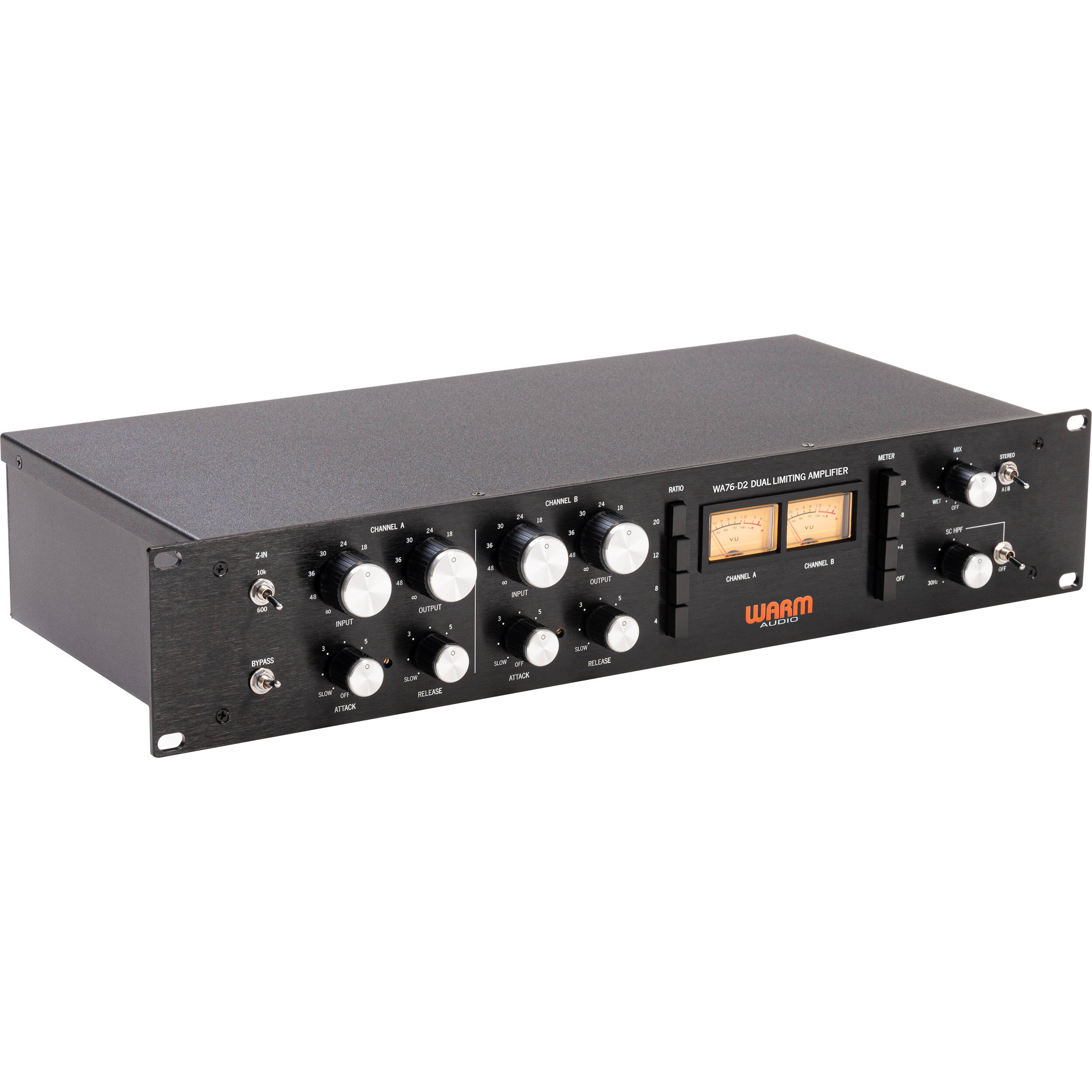 Warm Audio WA76-D2 signal processor with knobs and input/output jacks, professional audio compressor unit on a studio setup.