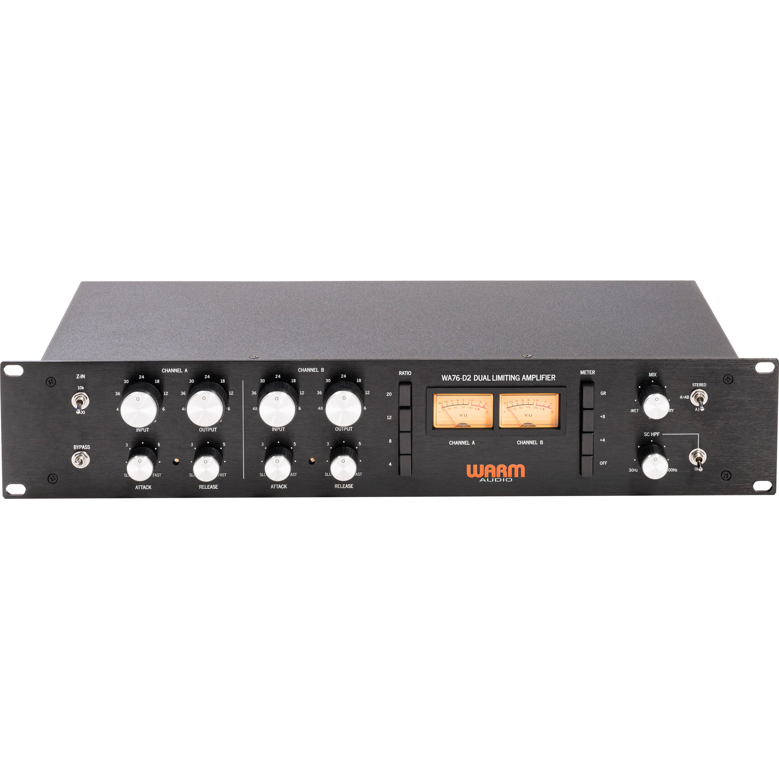 Warm Audio WA76-D2 signal processor hardware showing front panel with knobs and switches for audio processing.
