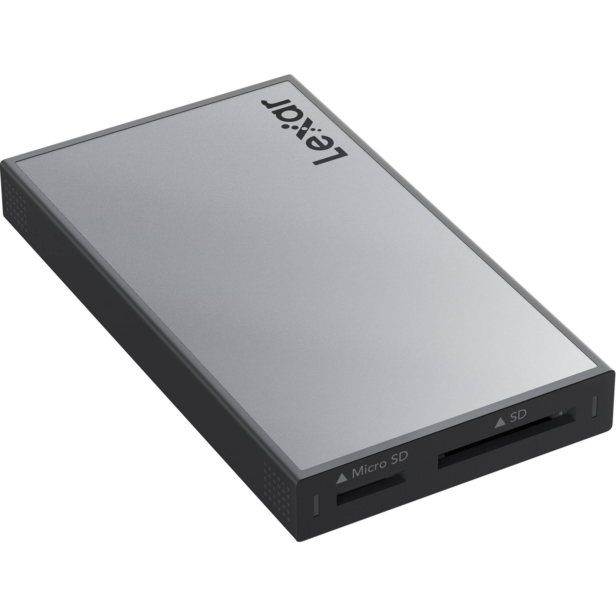 Lexar Workflow SD/microSD UHS-II Card Reader showing multiple slots for SD and microSD cards on a sleek device.