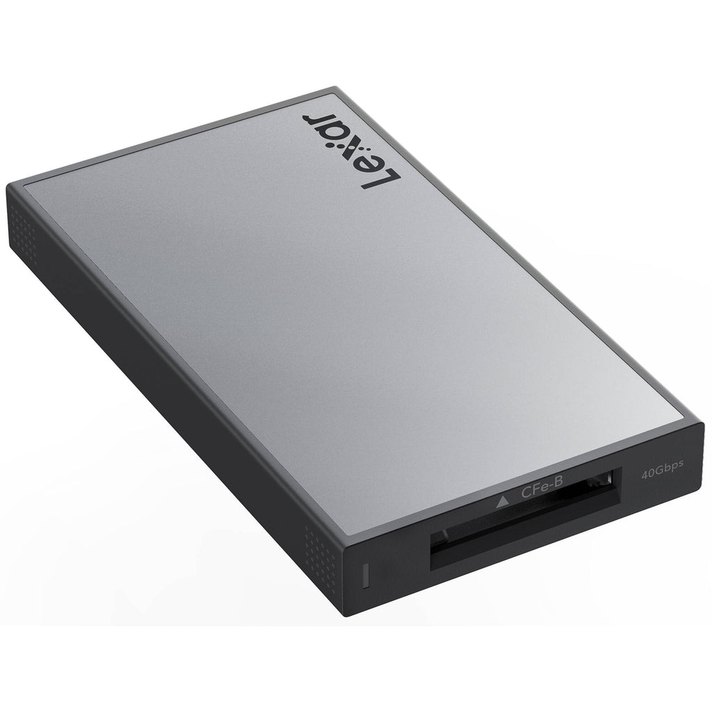 Lexar Workflow CFexpress 4.0 Type B card reader connected to a computer, showcasing fast data transfer for professional photographers.
