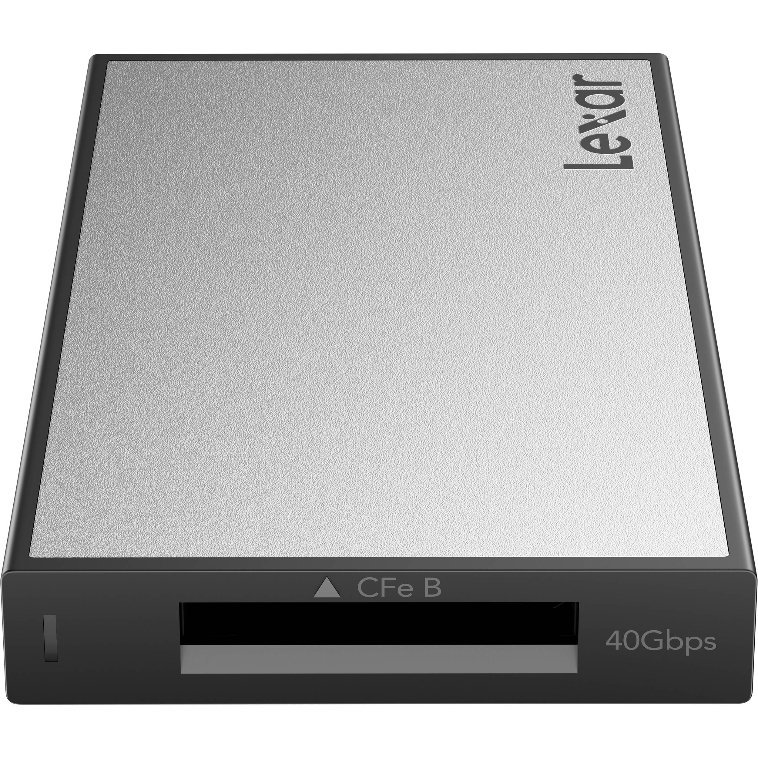 Lexar Workflow CFexpress 4.0 Type B Card Reader connected to a computer, showcasing its compact design and USB-C port.
