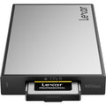 Lexar Workflow CFexpress 4.0 Type B card reader connected to a computer, showcasing a professional data transfer device.
