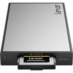 Lexar Workflow CFexpress 4.0 Type B card reader connected to a computer, showcasing a professional data transfer device.