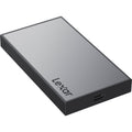 Lexar Workflow Portable SSD external drive with sleek black casing and USB connection for fast data transfer.
