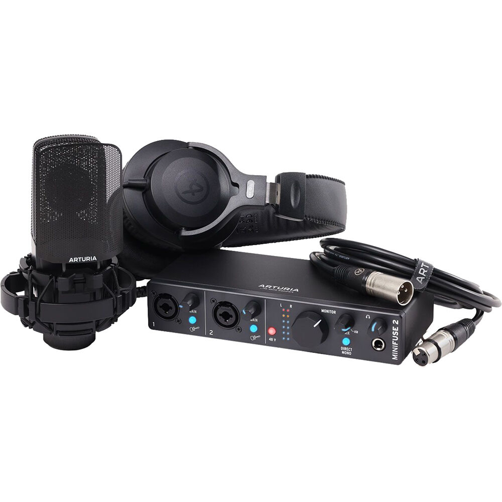 Arturia MiniFuse Recording Pack studio bundle with audio interface, cables, and accessories for music production and recording.
