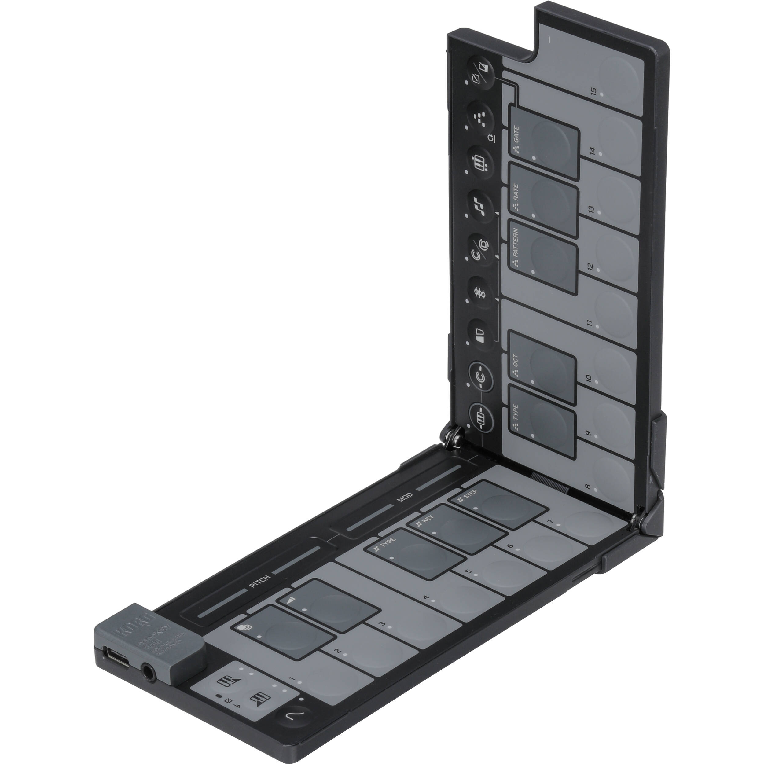Korg nanoKEY Fold black portable MIDI keyboard controller with foldable keys, designed for music sequencing and performance.