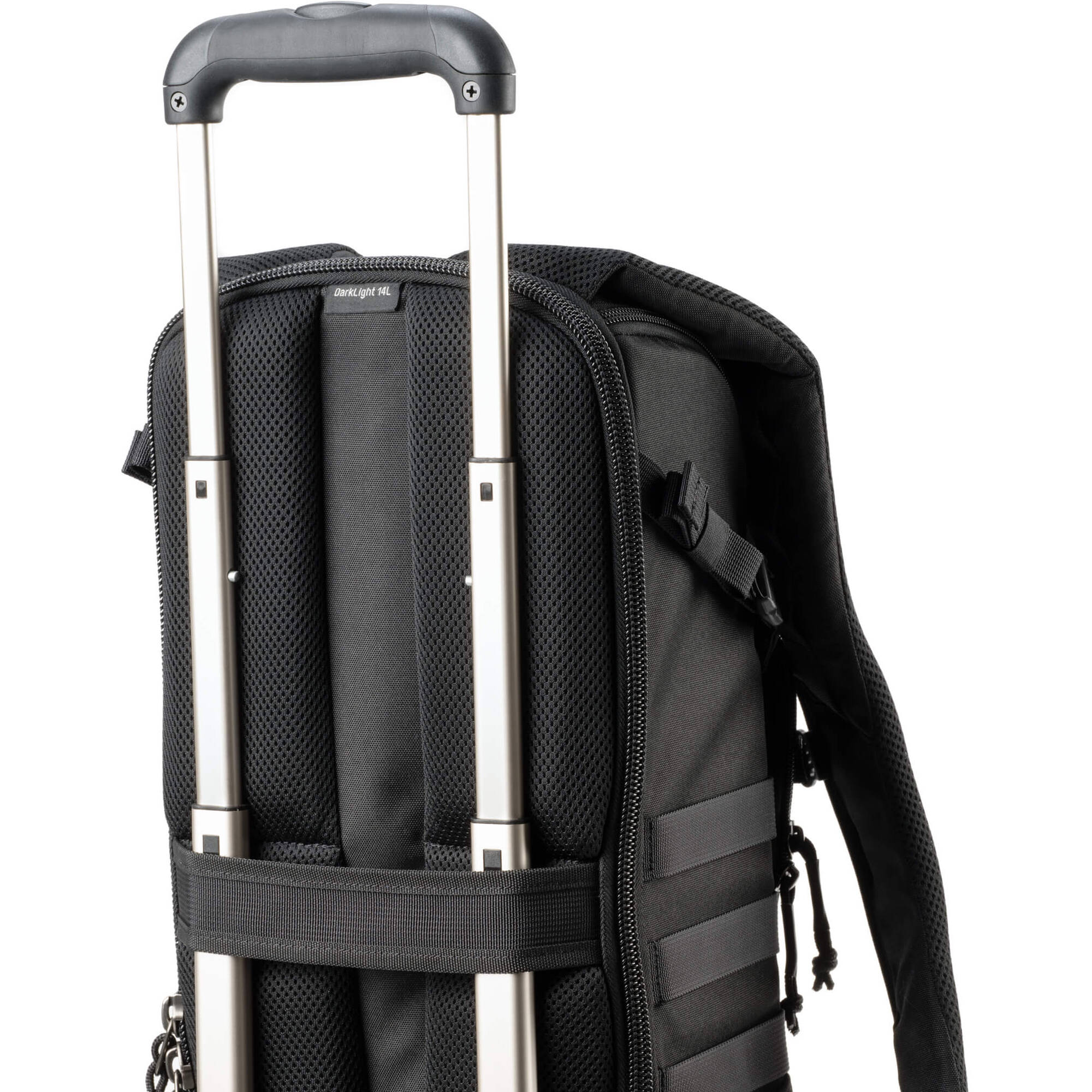 Think Tank DarkLight video equipment bag with padded compartments for cameras, lenses, and accessories, black color, sturdy design.