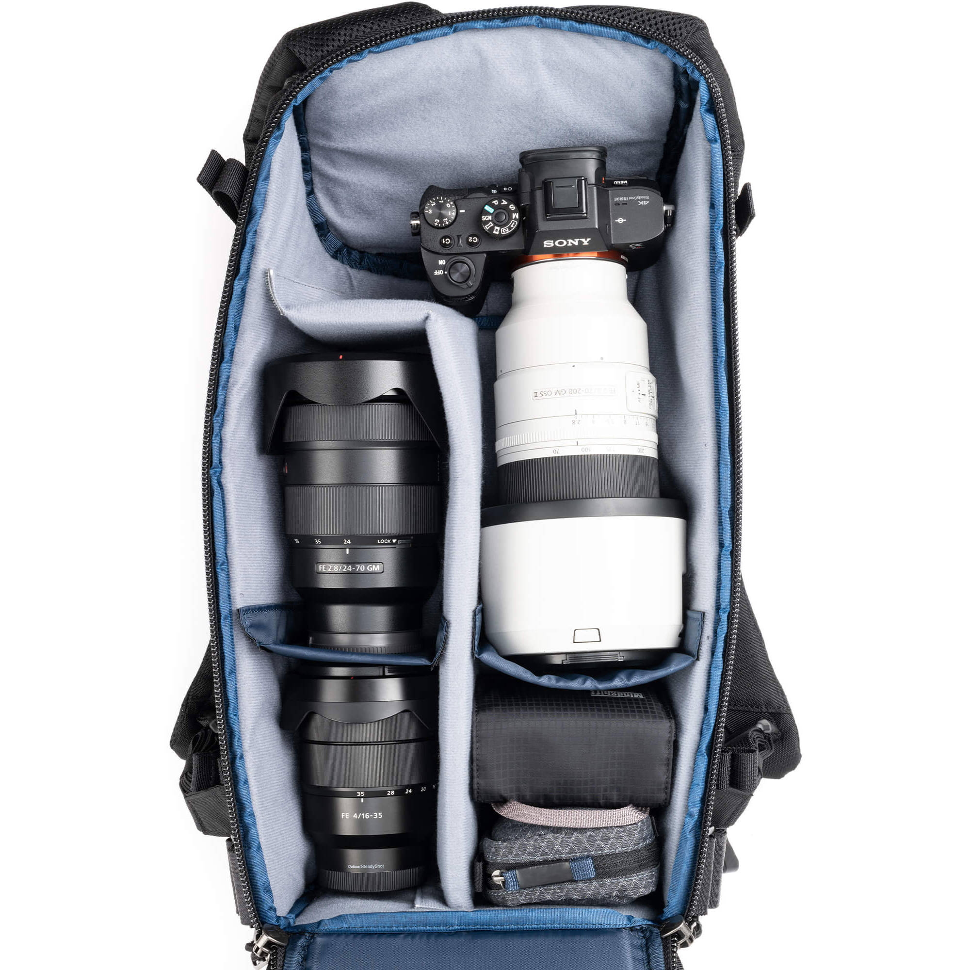Think Tank DarkLight video equipment bag with padded compartments and adjustable straps for professional camera gear.