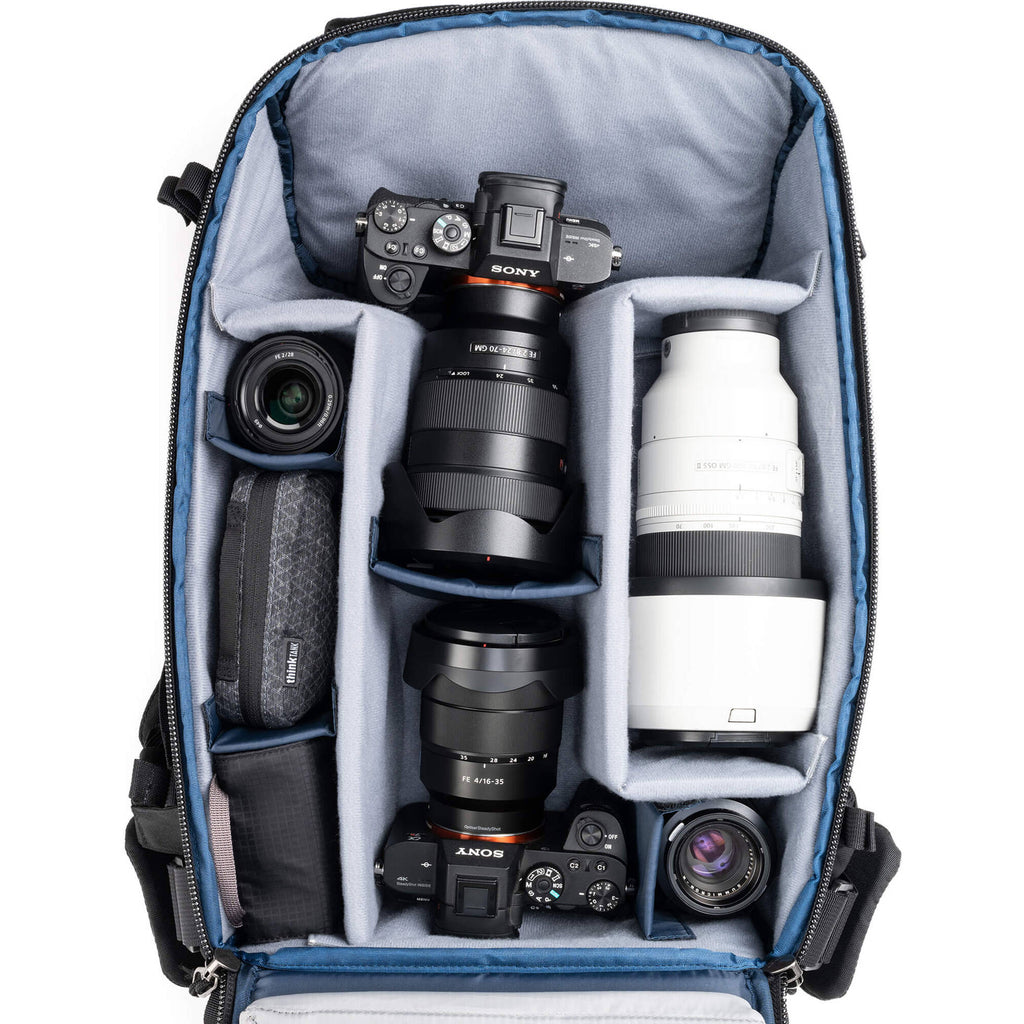 Think Tank DarkLight video equipment bag with padded compartments and adjustable straps for professional gear storage.