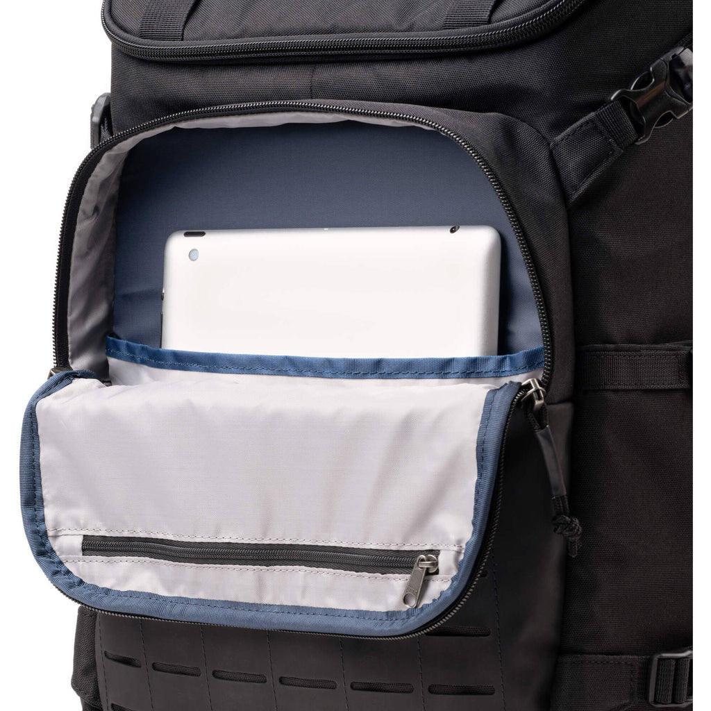 Think Tank DarkLight video equipment bag with padded compartments and adjustable straps for carrying camera gear and accessories.