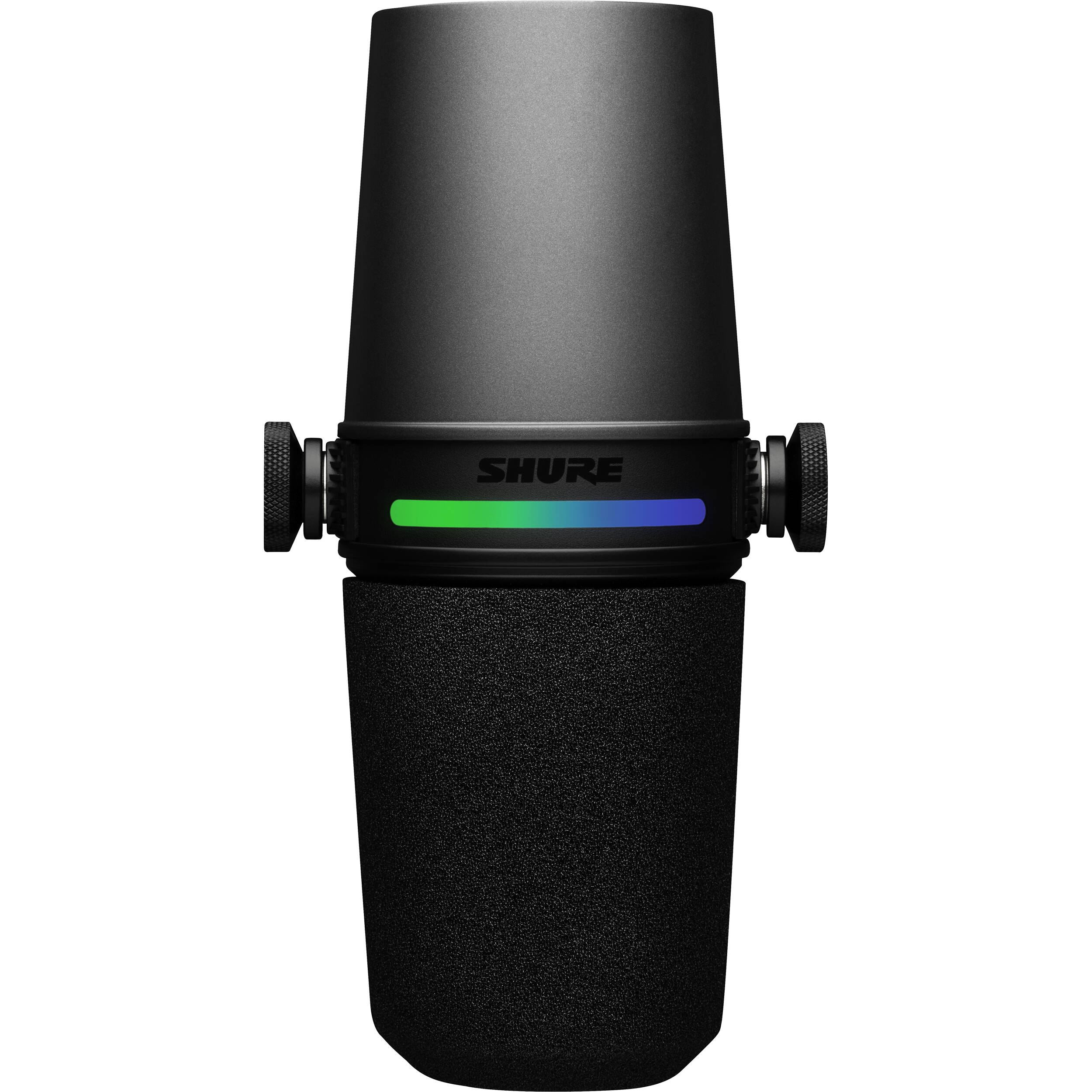 Shure MV7i USB microphone with black body and adjustable stand for professional audio recording and streaming.
