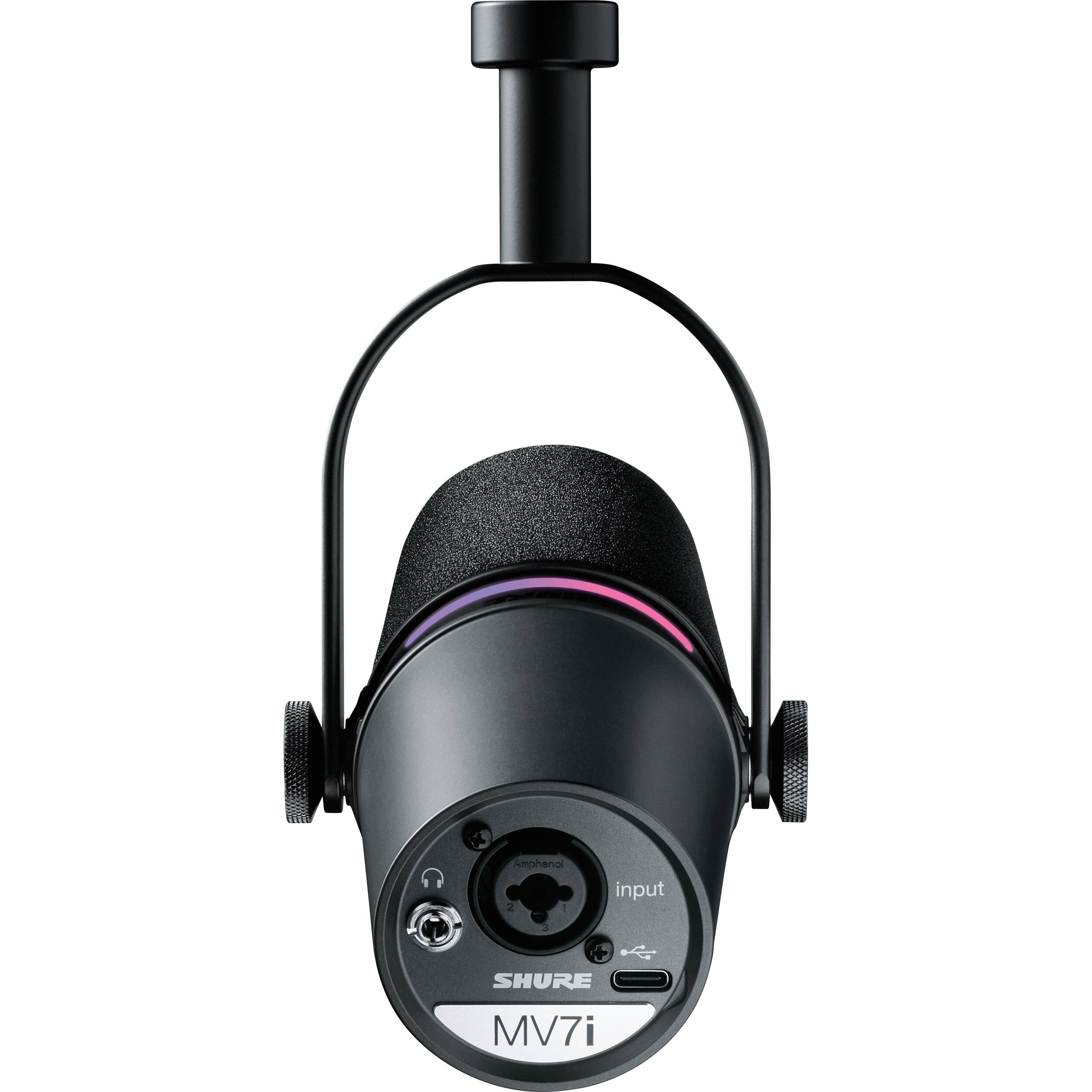 Shure MV7i USB microphone with adjustable stand and black finish, designed for professional podcasting and recording.