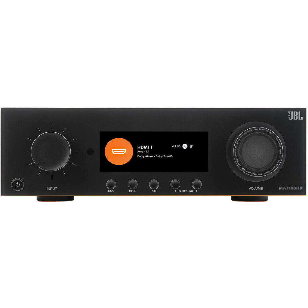 JBL MA7100HP stereo amplifier with sleek black design and control knobs, showcasing high-performance audio equipment.