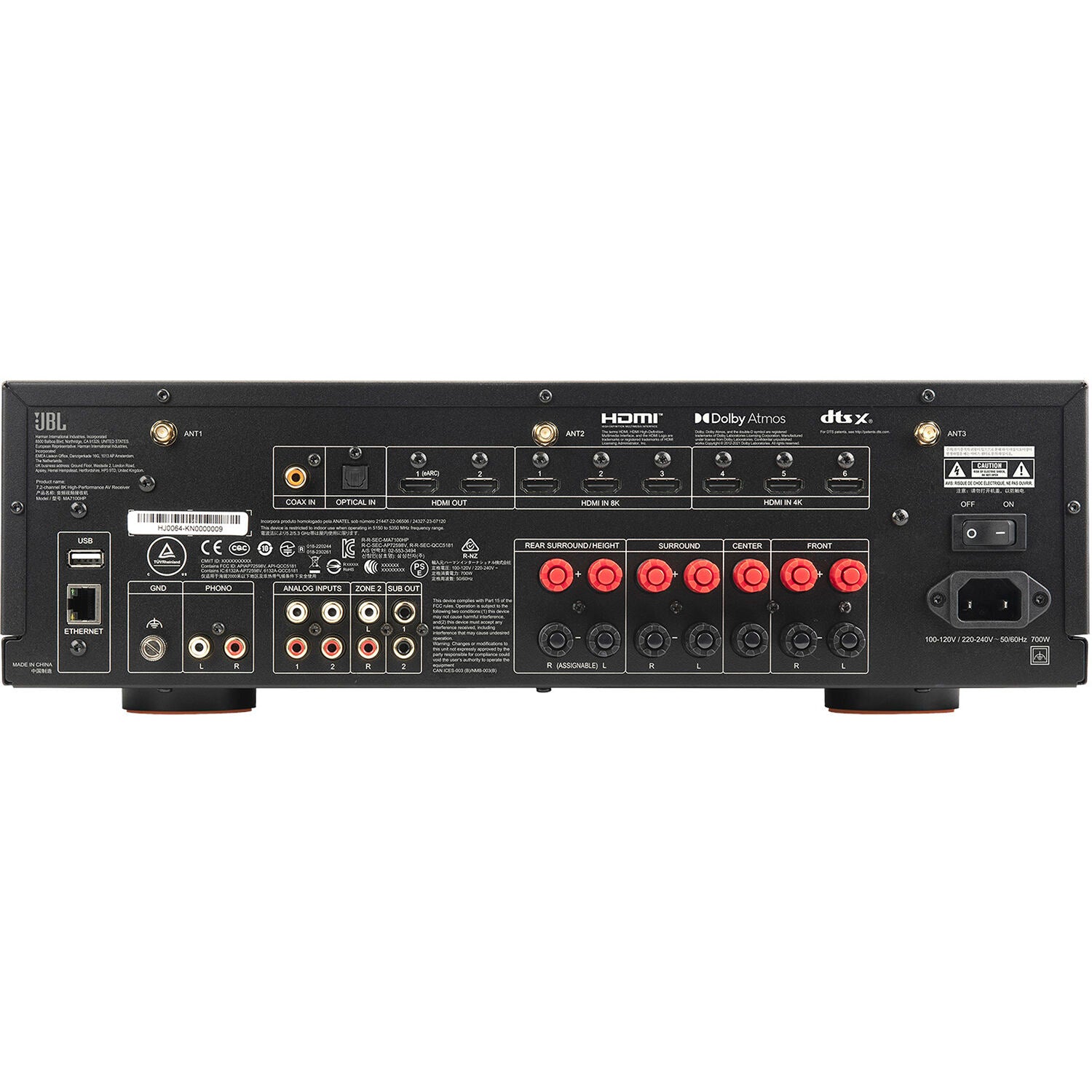 JBL MA7100HP stereo amplifier with sleek black front panel, control knobs, and indicator lights.