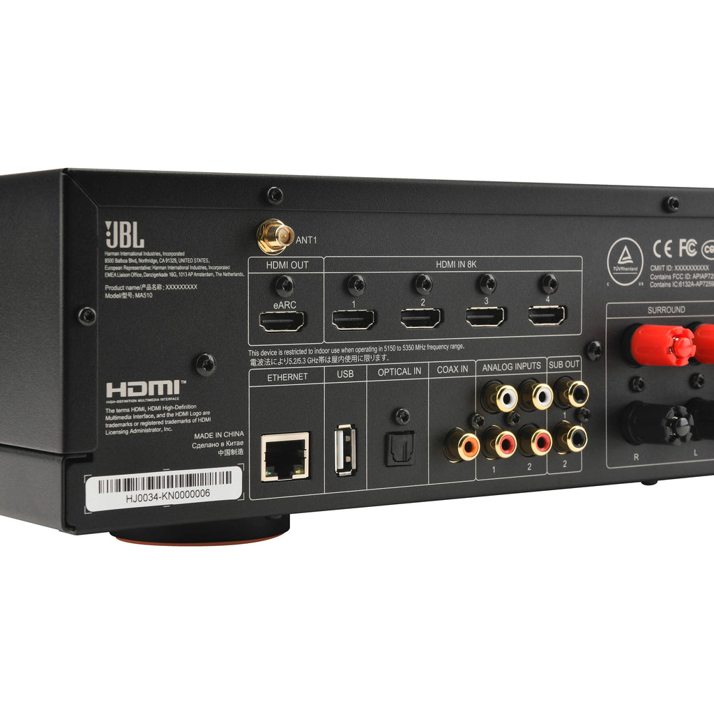 JBL MA7100HP stereo amplifier with multiple input ports and sleek black design for high-quality home audio.