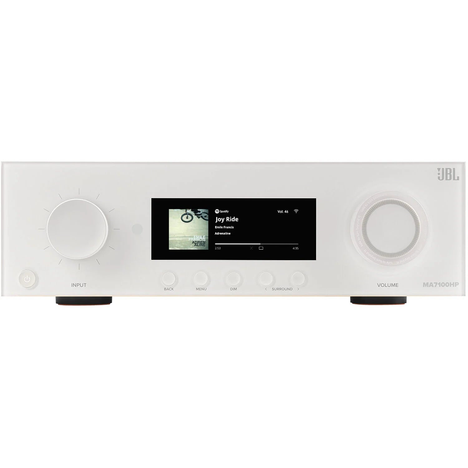 JBL MA7100HP stereo amplifier with black metal casing and control knobs, designed for high-power audio amplification.
