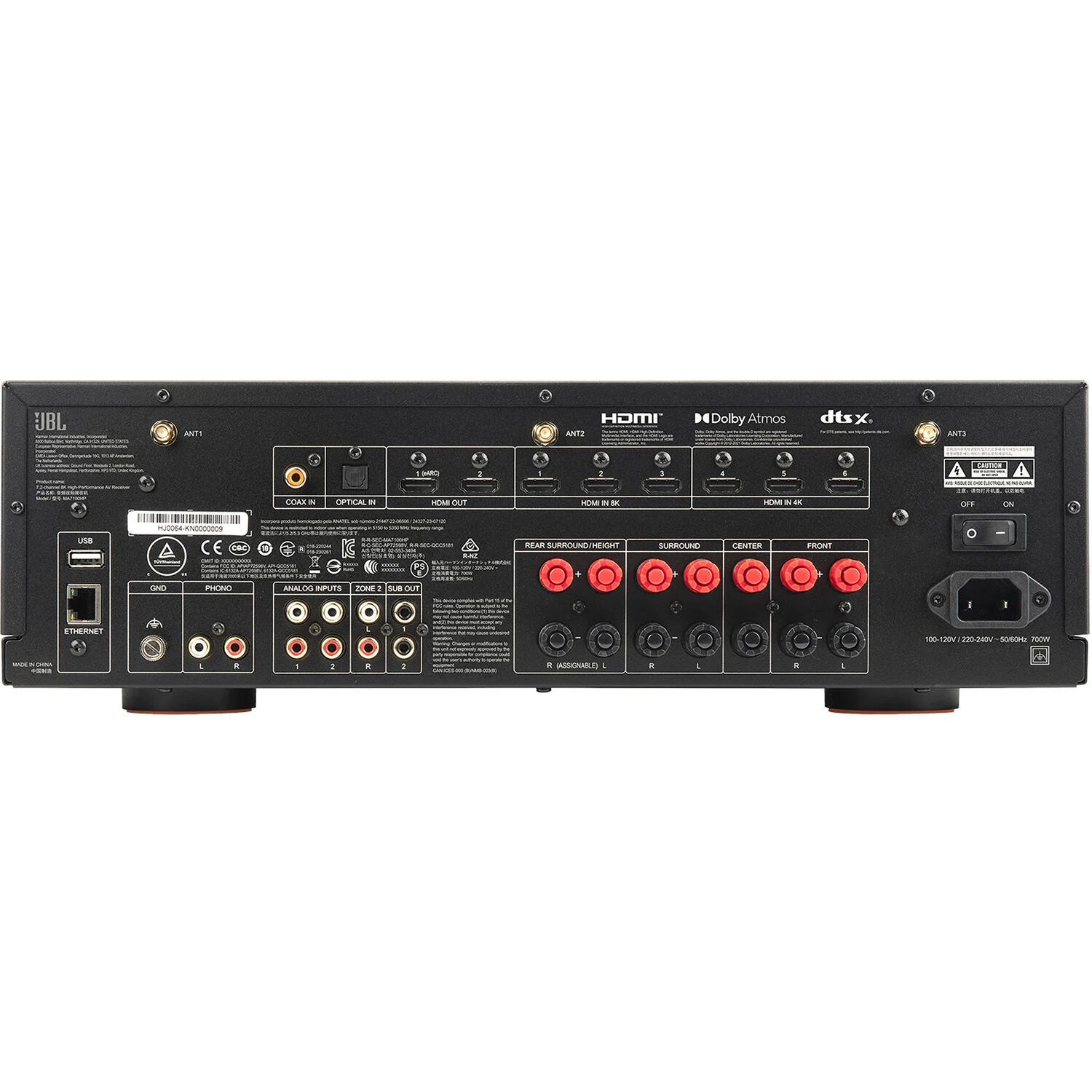 JBL MA7100HP stereo amplifier with multiple audio input ports and control knobs, black metal casing, and display panel.