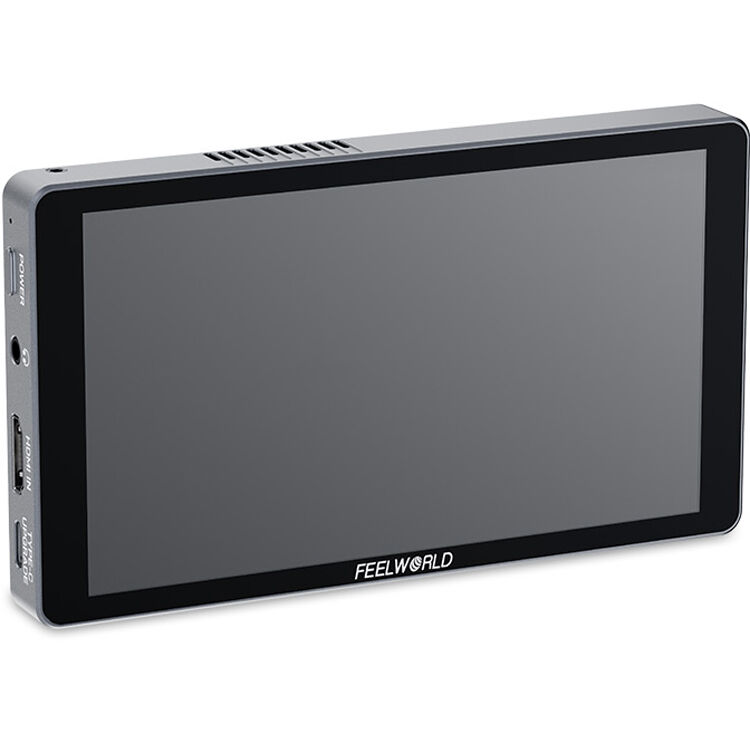Feelworld P6XL 6-inch camera field monitor displaying live video feed with control buttons and adjustable screen brightness.
