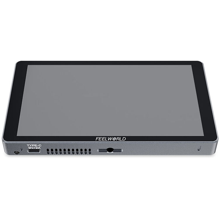 Feelworld P6XL 6-inch camera field monitor showing live video feed with control buttons and display interface.
