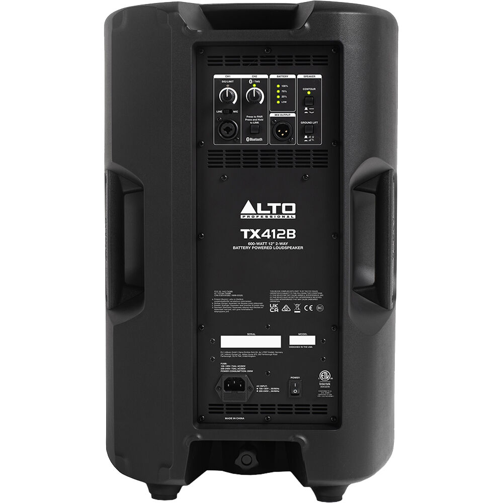 Alto Professional TX412B PA speaker with sturdy black enclosure and integrated handles for portable sound reinforcement.