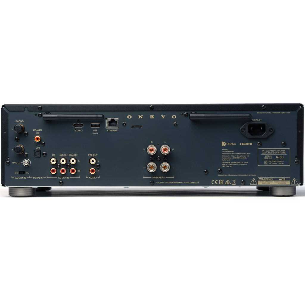 Onkyo Icon A-50 stereo amplifier with front panel controls and speaker connections, showcasing a sleek black design.