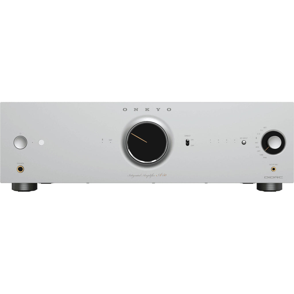 Onkyo Icon A-50 stereo amplifier with black finish, featuring control knobs and input ports on front panel.