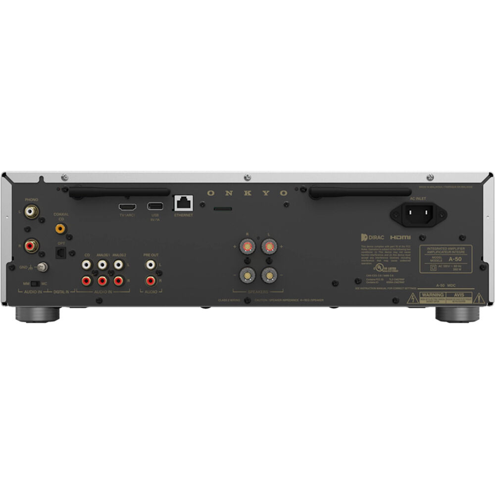 Onkyo Icon A-50 stereo amplifier with black front panel, knobs, and input ports, showcasing its sleek audio equipment design.