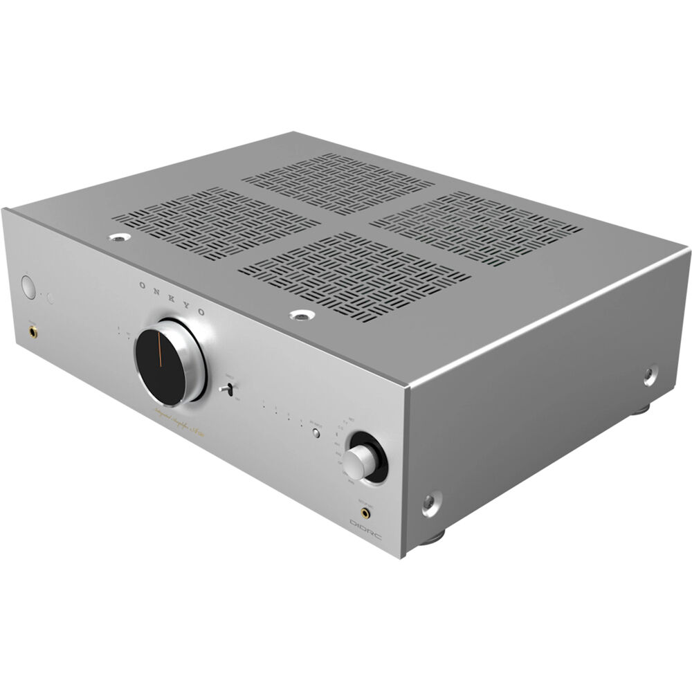Onkyo Icon A-50 stereo amplifier with silver front panel and control knobs, showcasing its sleek design and audio controls.