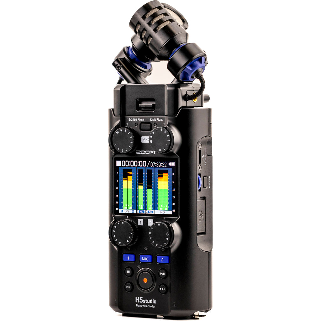 Zoom H5 digital recorder with multiple input jacks and handheld design, ideal for professional audio recording.