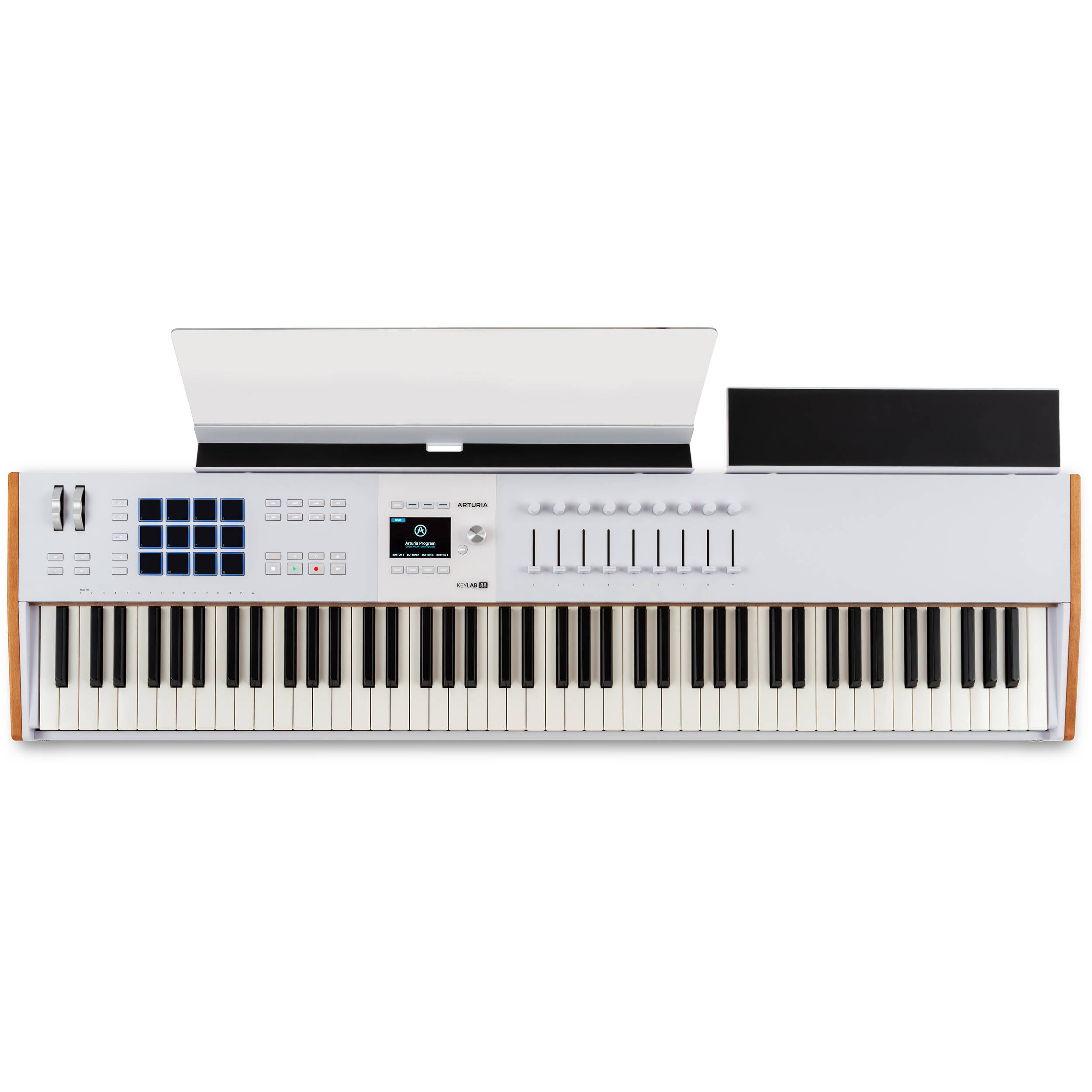 Arturia KeyLab 88 MK3 MIDI keyboard with black keys, control knobs, and extensive connectivity for music production.
