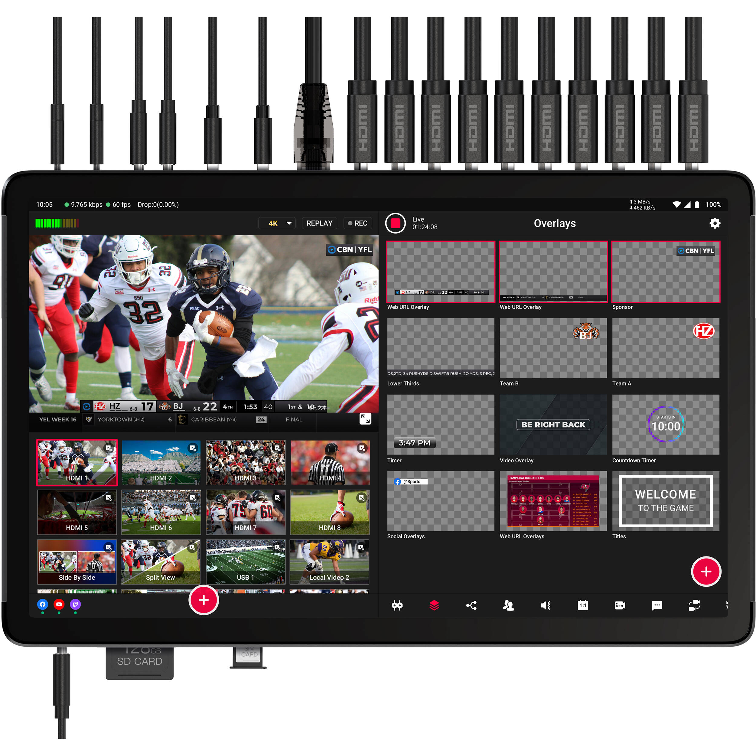 YoloLiv YoloBox Extreme video monitor showing a portable live streaming device with screen and control buttons.