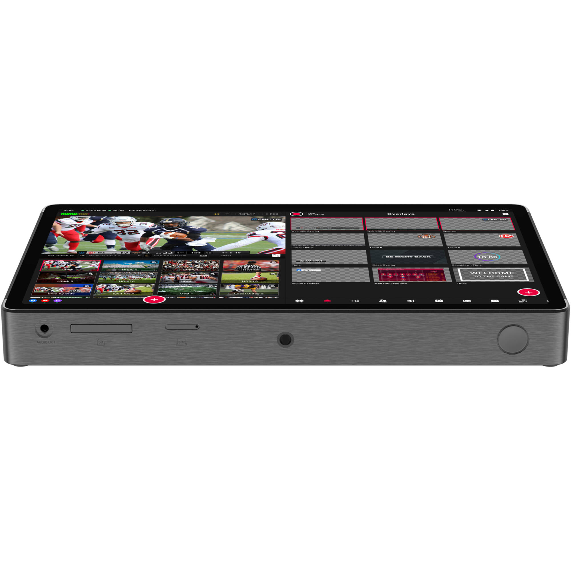 YoloLiv YoloBox Extreme video monitor displaying live streaming interface with multiple video feeds and control buttons.