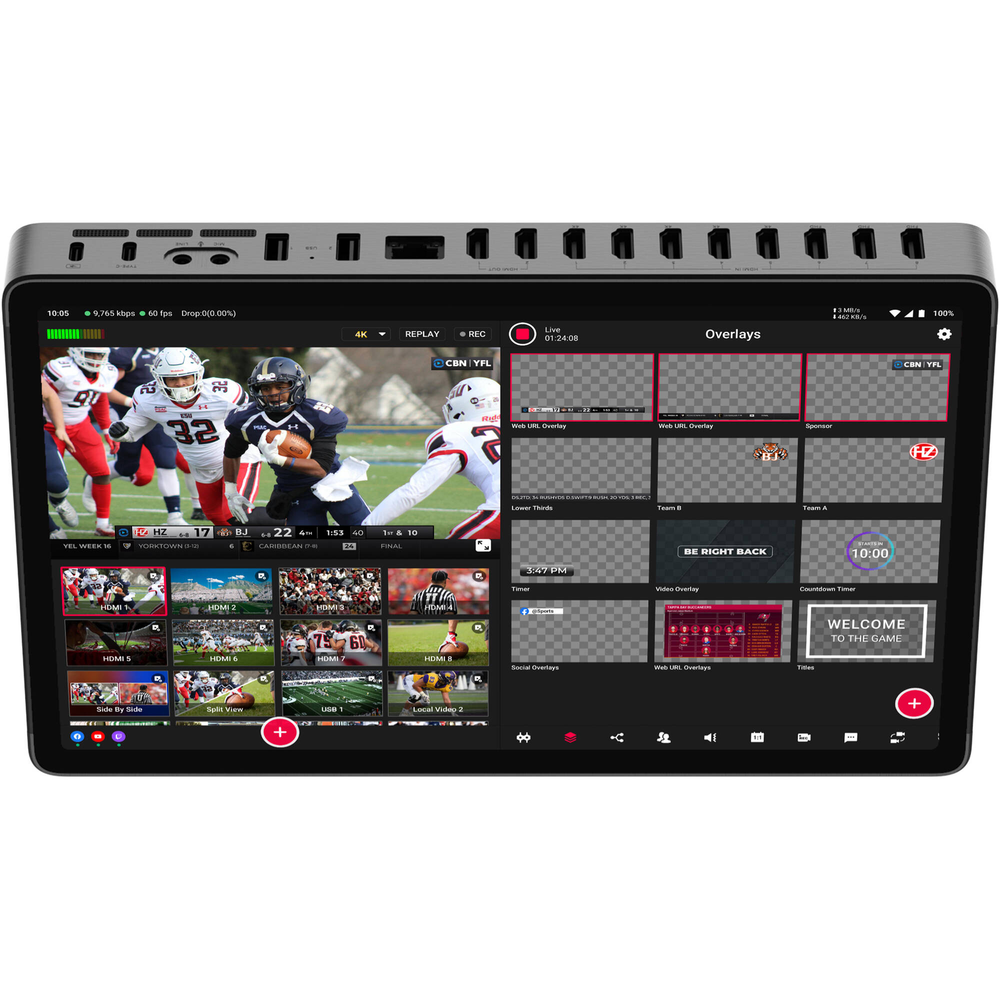 YoloLiv YoloBox Extreme video monitor with touchscreen display and multiple input ports for live streaming and video production.