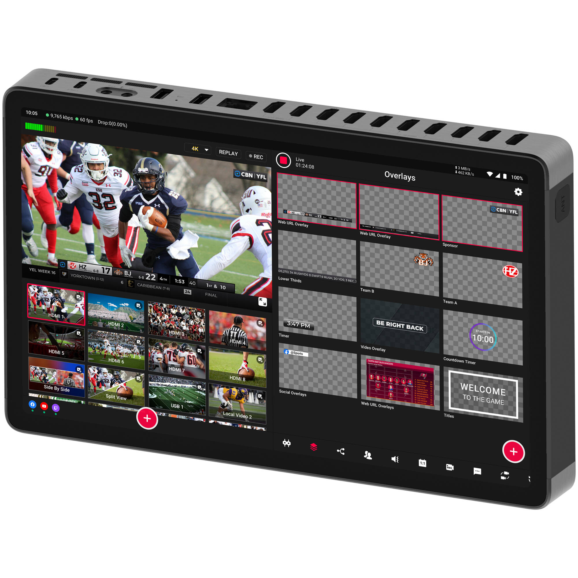 YoloLiv YoloBox Extreme video monitor displaying live streaming interface with buttons and screen, portable broadcast device in use