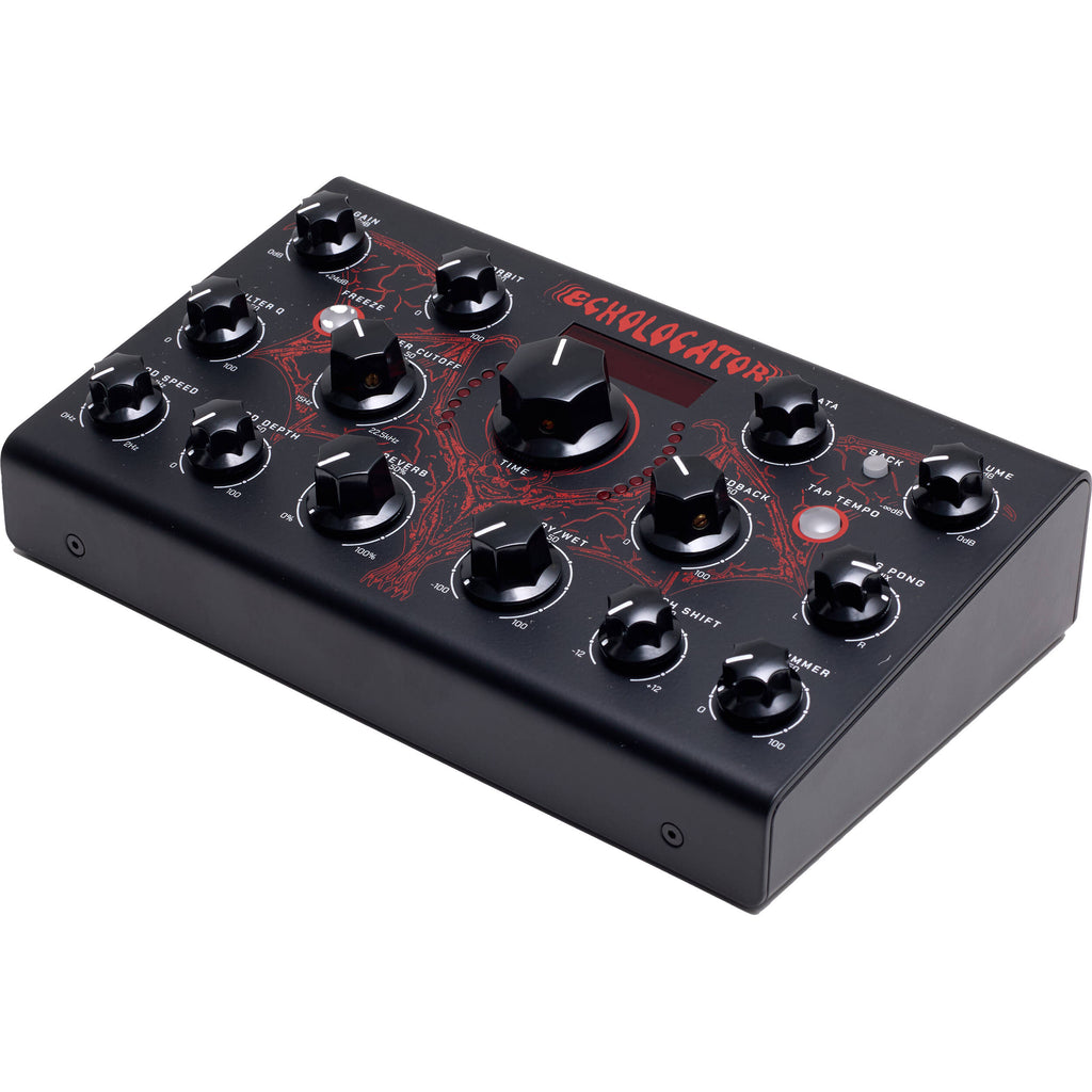Erica Synths Echolocator effects pedal with control knobs, showcasing its compact, black metal design for guitar or synth effects.
