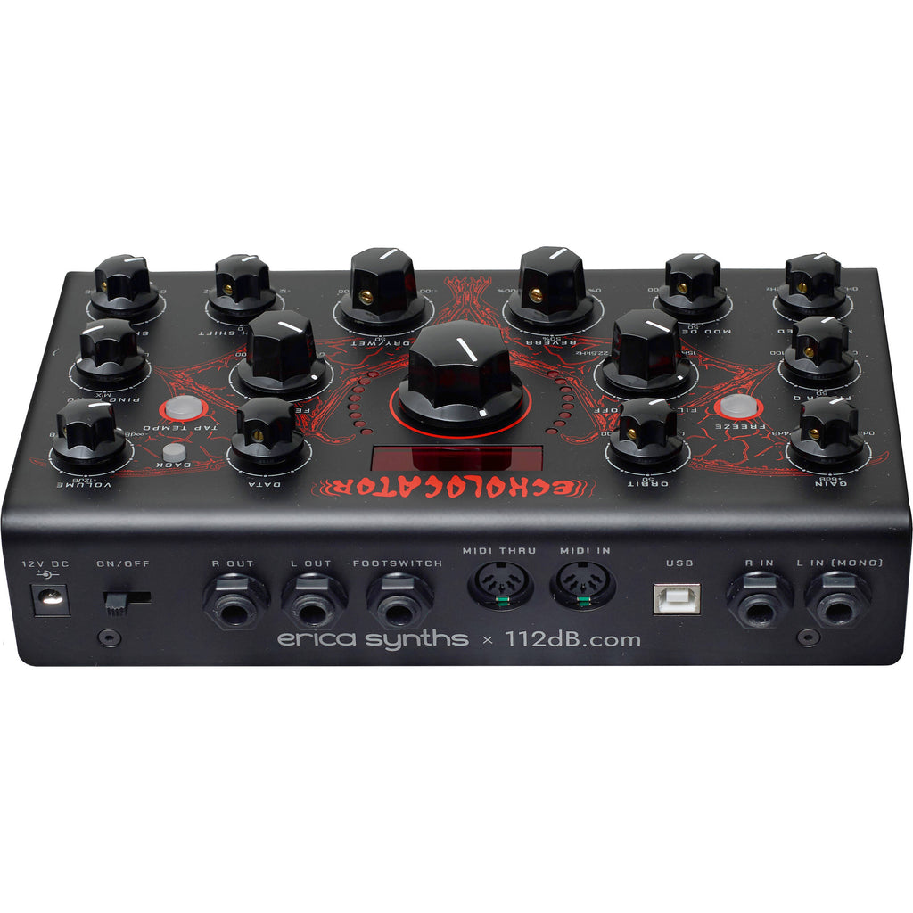 Erica Synths Echolocator effects pedal with interface, knobs, and switches for sound modulation and echo effects.