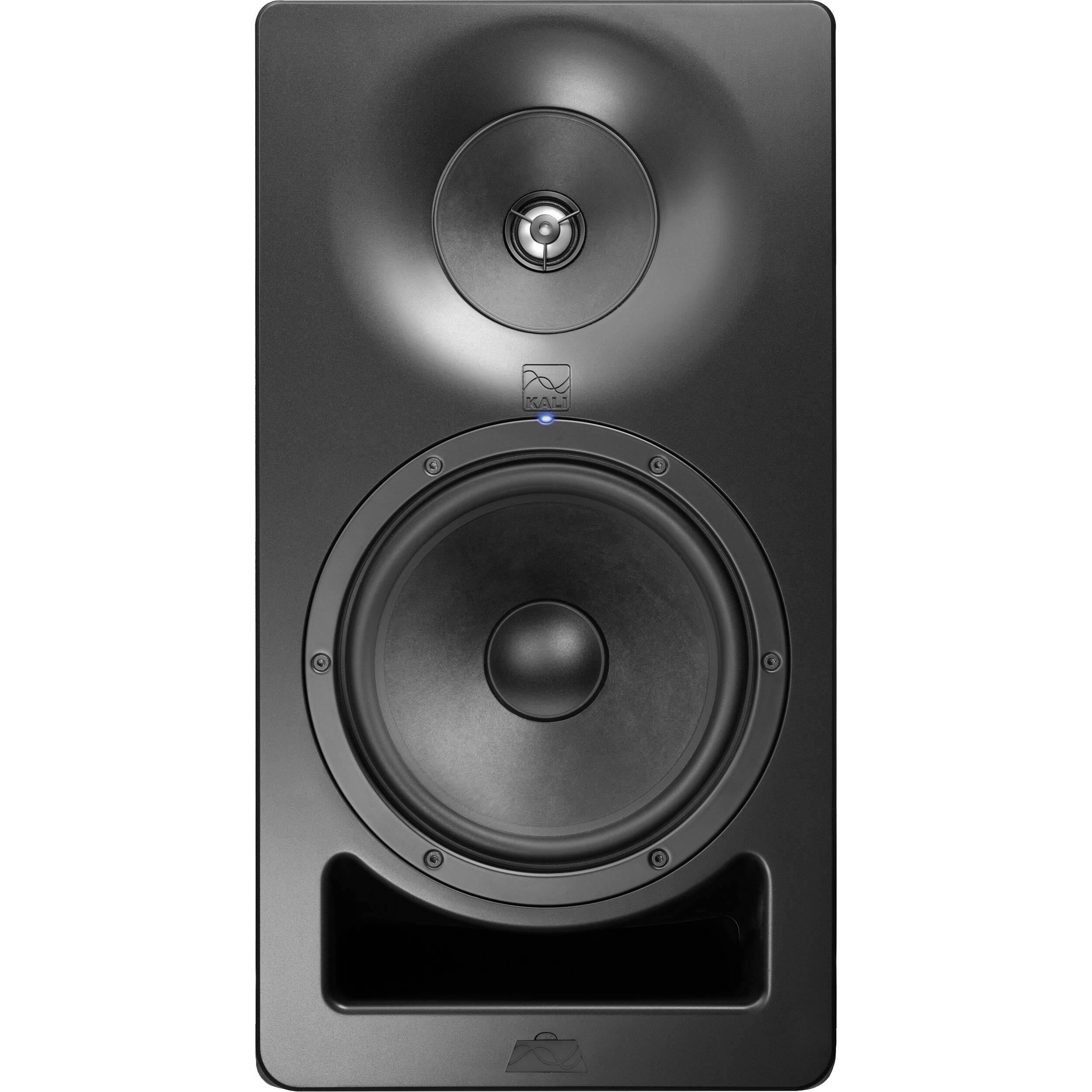 Kali Audio SM-8 active nearfield monitors with black cabinets and front-facing controls, ideal for studio audio mixing.