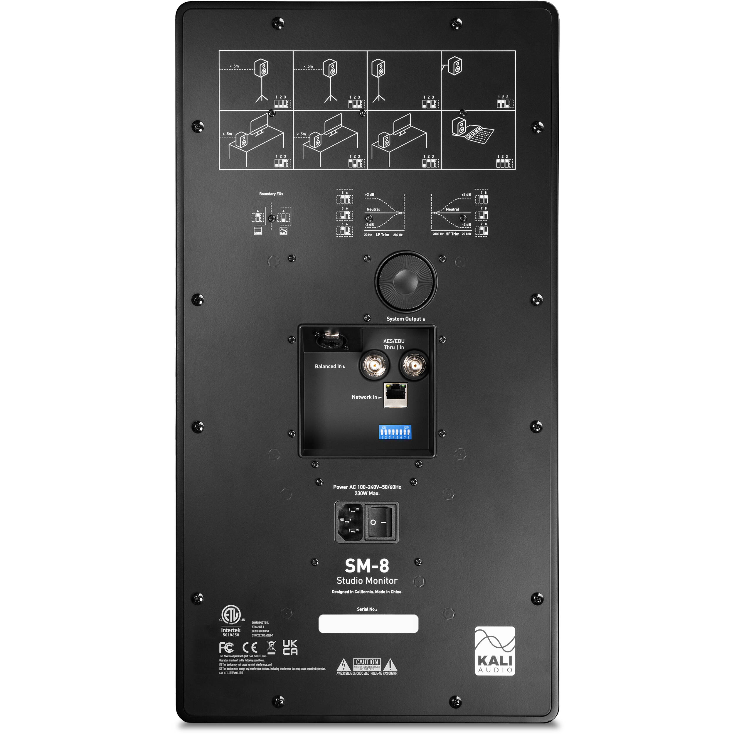 Kali Audio SM-8 active nearfield monitor speaker with black enclosure and front bass port, designed for studio audio monitoring.